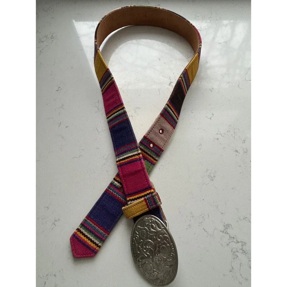 Kids Multicolor Striped Handwoven Textile Leather Belt Silver‎ Floral Buckle L